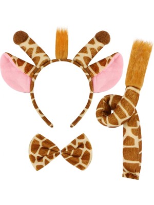 VeraGlobe Buğz Zürafa Kosümü Aksesuar Seti 3 Lü - Taç Papyon Kuyruk - Buğz