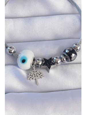 VeraGlobe Buğz 316L Çelik Gümüş Renk Siyah Zirkon Taşlı Yıldız Tasarımlı Ağaç Detay Nazarlı Charm Bileklik - Buğz