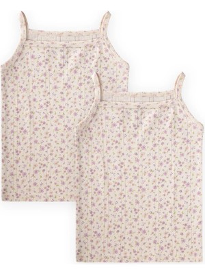 Cigit Ikili Ip Askılı Kız Atlet 2-11 Yaş Ekru Lila Çiçek Desen