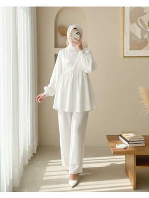 Modamorfo Kolu Lastikli Ip Bağcıklı Müslin Takım -Beyaz