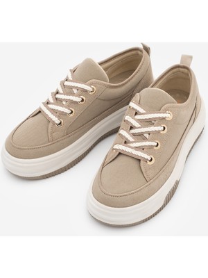 Marjin Kadın Yüksek Kalın Taban Sneaker Bağcıklı Spor Ayakkabı Hesna Vizon Keten