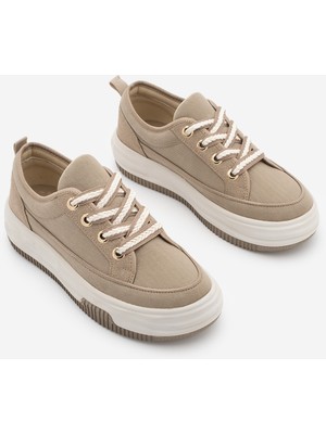 Marjin Kadın Yüksek Kalın Taban Sneaker Bağcıklı Spor Ayakkabı Hesna Vizon Keten