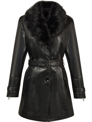 Derimod Rhoda(Plus) Kadın Siyah Yaka Kürklü Geniş Kalıp Deri Kaban 24WGE52931M