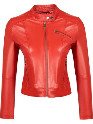 Derimod Kylie Kadın Kırmızı Hakim Yaka Kısa Deri Ceket 25SGE5352U4