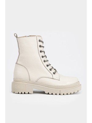 Tunaelli Kadın Bej Hakiki Deri 35-41 Numara Bağcıklı Bot & Bootie