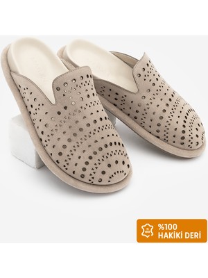 Marjin Kadın Hakiki Deri Delikli Geometrik Desenli Sabo Günlük Terlik Yofin Bej Süet