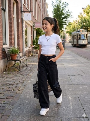 Bubiee Baby Kız Çocuk Yıldız Nakışlı Wide Leg Jean Pantolon