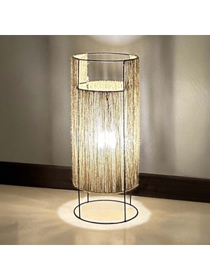 Noldecoration Metal Konstrüksiyon Üzerine El Örgüsü Naturel Jüt Çap 20CM, Yükseklik 49CM Silindir Minimal Tarzlı Taşınabilir Masa/yer Lambası