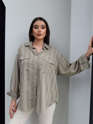 Esra Helvacı Cepli Çizgili Oversize Gömlek