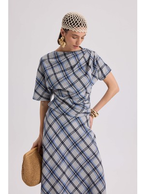 Mai Petunya Ekoseli Mavi Crop Etek Takım