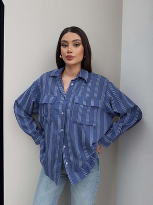 Esra Helvacı Cepli Çizgili Oversize Gömlek