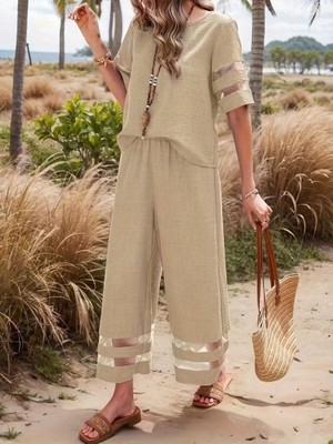 Nnstartshopping  Kadın Kısa Kollu Bisiklet Yakalı Tül Şerit Detaylı Bluz ve Pantolon Ikili Takım