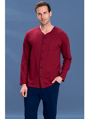 Remsa Büyük Beden Erkek Penye Düğme Detay Uzun Kol Pijama Takımı 2159 Kırmızı