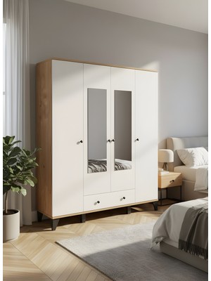 Misterium Vento Modern 4 Kapaklı Aynalı Fonksiyonel Yatak Odası & Genç Odası Elbise Dolabı - Safir Meşe