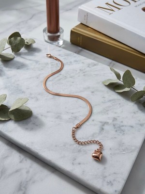 Meneva Aksesuar Kalın Italyan Bakır Renk Ezme Zincir Kalp Detaylı Paslanmaz Çelik Bileklik