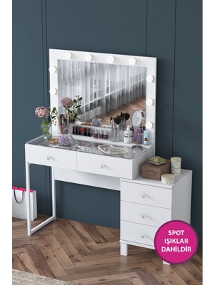 Özbience Işıklı Aynalı Makyaj Masası, 5 Çekmeceli, Takı Düzenleyici, Beyaz