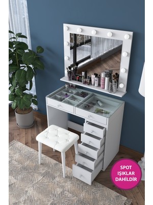 Özbience Işıklı Hollywood Aynalı Makyaj Masası ve Takı Düzenleyici Seti
