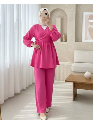 Modamorfo Kolu Lastikli Ip Bağcıklı Müslin Takım -Fuşya
