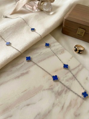 Meneva Aksesuar Mavi Mineli Minimalist Yonca Gümüş Silver Renk Paslanmaz Çelik Kolye