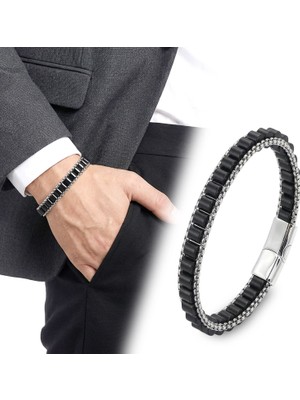 Fm 💎 Premium Oniks Doğal Taşlı Hasır Örgü Zincirli Erkek Çelik Bileklik 31832B28D11 - 21 cm