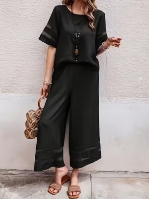 Bi Baksana Kadın Kısa Kollu Bisiklet Yakalı Tül Şerit Detaylı Bluz ve Pantolon Ikili Takım