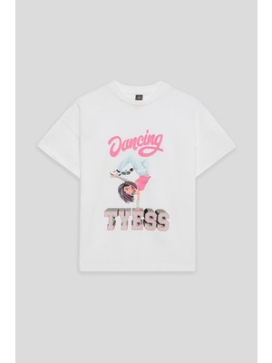 Tyess Kız Çocuk Beyaz Tshirt Kısa Kol Grafik Desenli Günlük Stil Pamuk