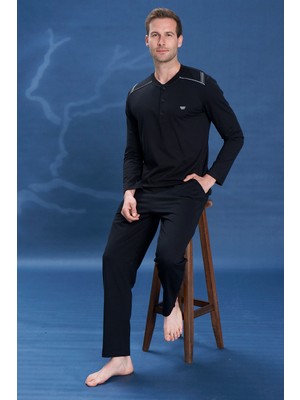 Remsa Büyük Beden Erkek Penye Yarım Düğme Detay Uzun Kol Pijama Takımı 2133 SIYAH07