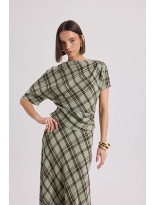 Mai Petunya Ekoseli Yeşil Crop Etek Takım