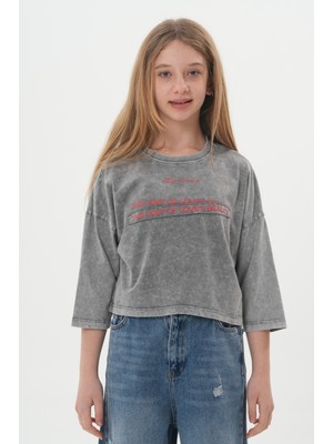Haykids Kız Çocuk Yıkamalı Gri Oversize T-Shirt – Rahat Kesim Günlük Şık Uzun Kollu Çocuk T-Shirt