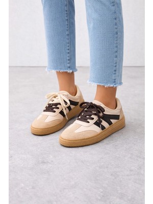 Bitacir Çift Renkli Iki Bağcıklı Kadın Spor Ayakkabısı Sneaker -Bej