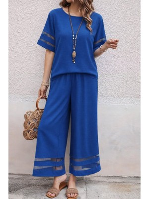 Livizmir Moda Kadın Kısa Kollu Bisiklet Yakalı Tül Şerit Detaylı Bluz ve Pantolon Ikili Takım