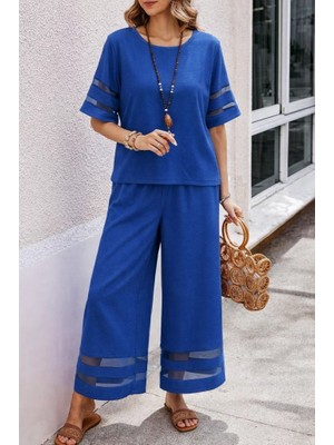 Emh Store Kadın Kısa Kollu Bisiklet Yakalı Tül Şerit Detaylı Bluz ve Pantolon Ikili Takım