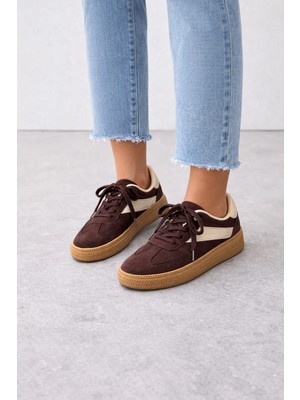 Bitacir Çift Renkli Iki Bağcıklı Kadın Spor Ayakkabısı Retro Sneaker - Kahverengi