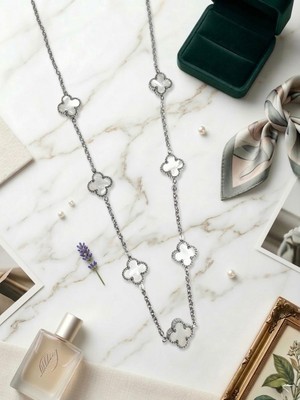 Meneva Aksesuar Beyaz Mineli 7’li Yonca Gümüş Silver Renk Zincirli Paslanmaz Çelik Kolye