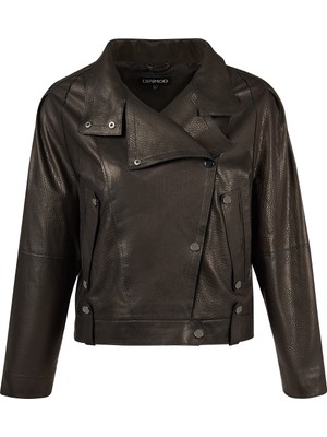 Derimod Torino Kadın Siyah Biker Oversize Deri Ceket 26SGD56558S