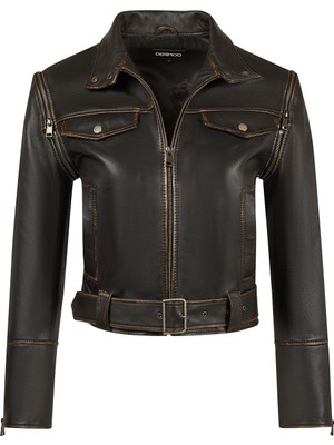 Derimod Nina Kadın Siyah Vintage Deri Ceket 26SGD5653VD