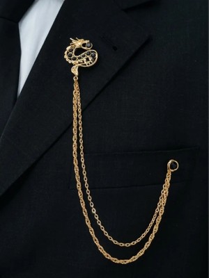 Gold Renk Ejderha Siyah Taşlı Ceket & Damatlık & Blazer Zincirli Yaka Aksesuarı