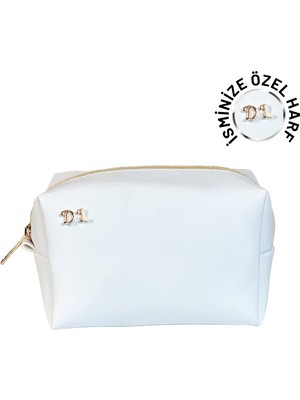 twingold Isme Özel Baş Harfleri ile Kişiselleştirilebilir Makyaj Çantası Beyaz