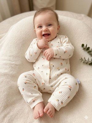Tuem Baby Bebek Ribana Kumaş Pamuklu Çiçek Desenli Önden Çıtçıtlı Uzun Kollu Tulum( Beden Ölçüleri Açıklamada)