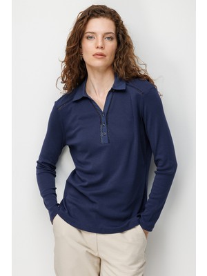 Desen Triko Kadın Polo Yaka Iğne Işlemeli Pamuklu Penye Bluz 26806 Lacivert