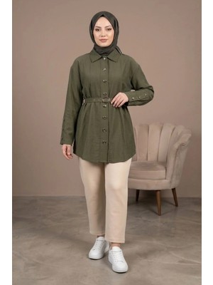 Tesettür Diyarı Korel Tansel Kumaş Kemerli Tesettür Gömlek- Haki