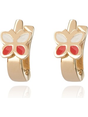 Berk Mücevherat 14 Ayar Altın Kırmızı ve Beyaz Mineli Kelebek Figürlü Çocuk Küpe