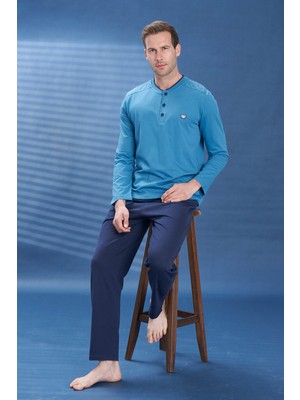 Remsa Erkek Penye Yarım Düğme Detay Uzun Kol Pijama Takımı 2108 PETROL06