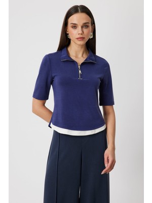 On Kadın Yakası Fermuarlı Kısa Kollu Bluz 76305 Indigo