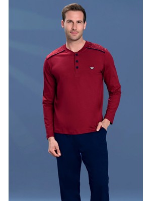 Remsa Erkek Penye Yarım Düğme Detay Uzun Kol Pijama Takımı 2158 BORDO03