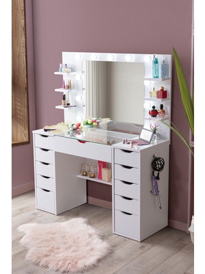 Özbience Aydınlatmalı, 11 Çekmeceli, Cam Tablalı, Raflı ve Aynalı Makyaj Masası