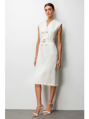 Ekol Kadın Beli Kuşaklı Süs Düğmeli Midi Elbise 6012 Ekru