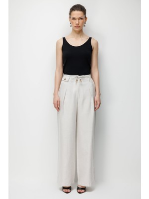 Ekol Kadın Ip Kemerli Bol Paça Kumaş Pantolon 2426 Naturel