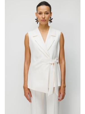Ekol Kadın Beli Kuşaklı Kruvaze Yaka Yelek 1146 Ekru
