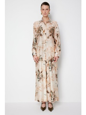 Ekol Kadın Çiçek Desenli Bol Paça Pantolon 2908 Naturel